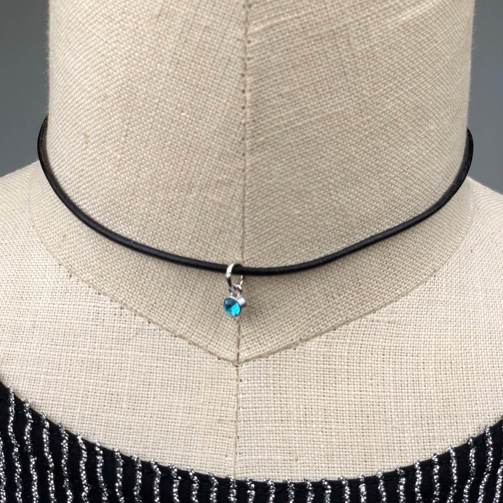 March "Aquamarine" Birthstone Leather Choker Necklace